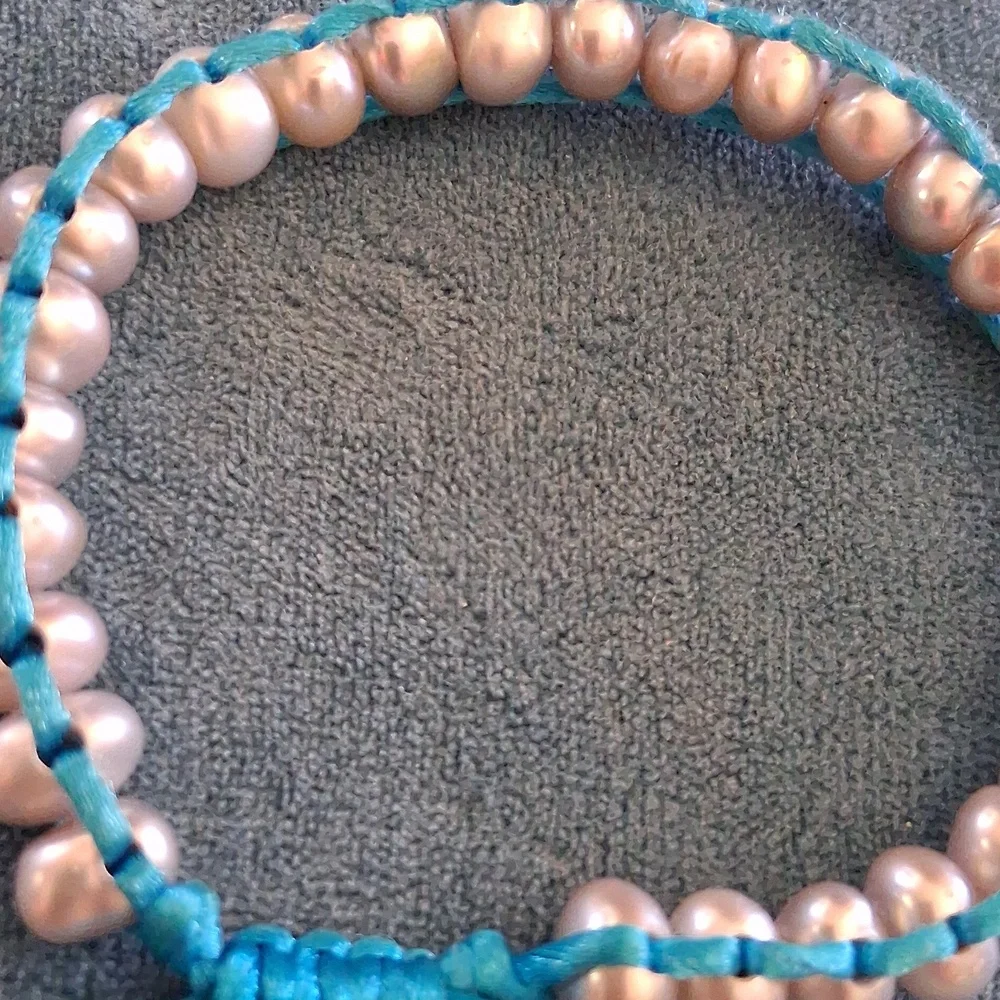 Silver Fresh Water Pearl Bead Bracelet with Turquoise Cord.